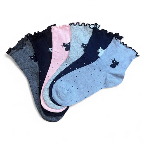 6 parov ženskih nogavic brez elastike, polvisoke z mačko 5682