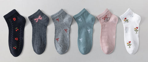 6 parov ženskih nizkih nogavic, antibakterijske in brez šiva, rožice/mašnice 5952 - TANKE