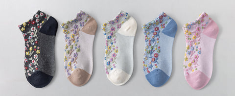 6 parov ženskih nizkih nogavic, reliefne mini rože 5973