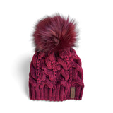 Zimska pletena kapa Lunanay 3599, bordo rdeča s cofom