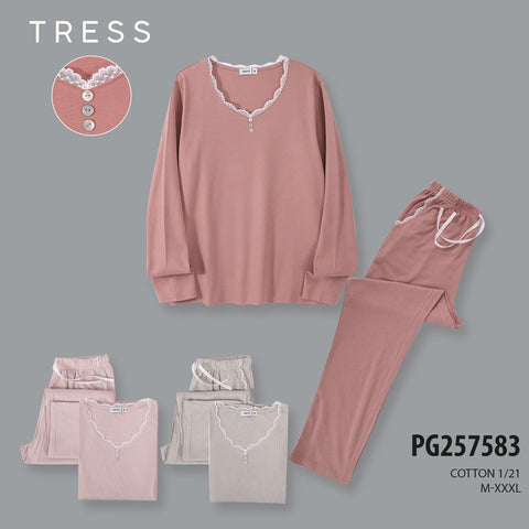 Ženska dolga pižama, Tress 7583 enobarvna s čipko