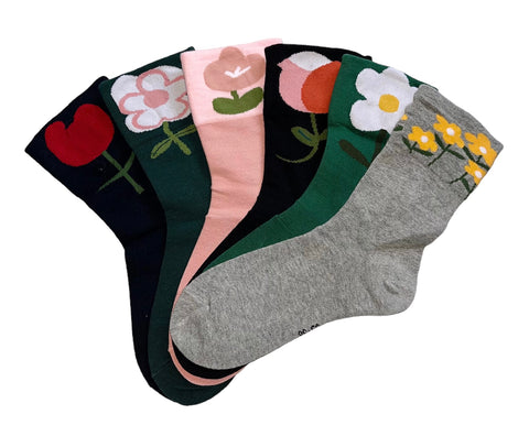 6 parov ženskih nogavic brez elastike, enobarvne s rožicami 5701