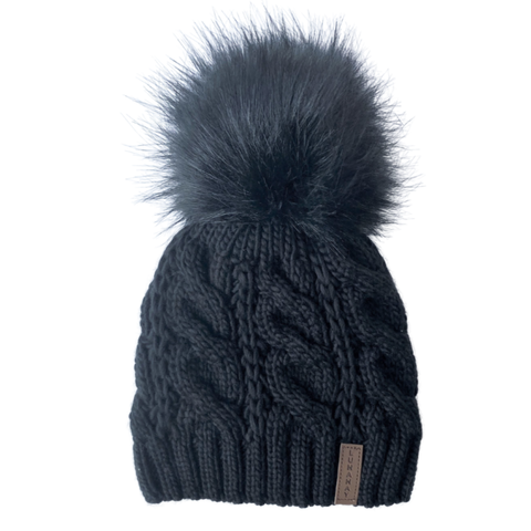 Zimska pletena kapa Lunanay 3599, črna s cofom